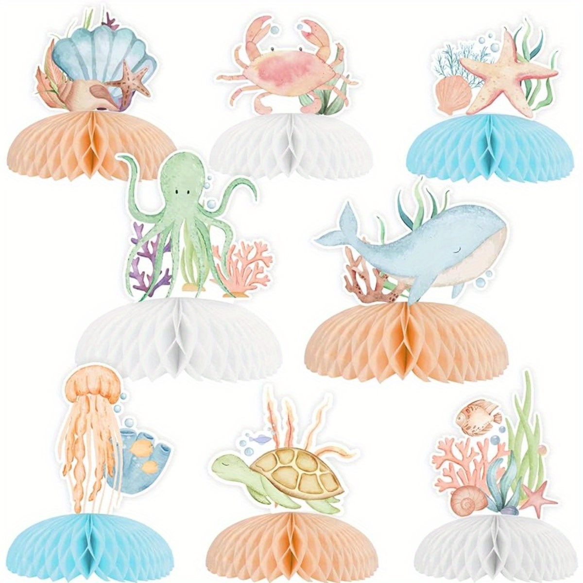 8pcs ocean sea animals honeycomb centerpieces   party decoration honeycomb centerpieces sea turtle whale shell octopus double sided printing centerpieces for ocean birthday party supplies 0