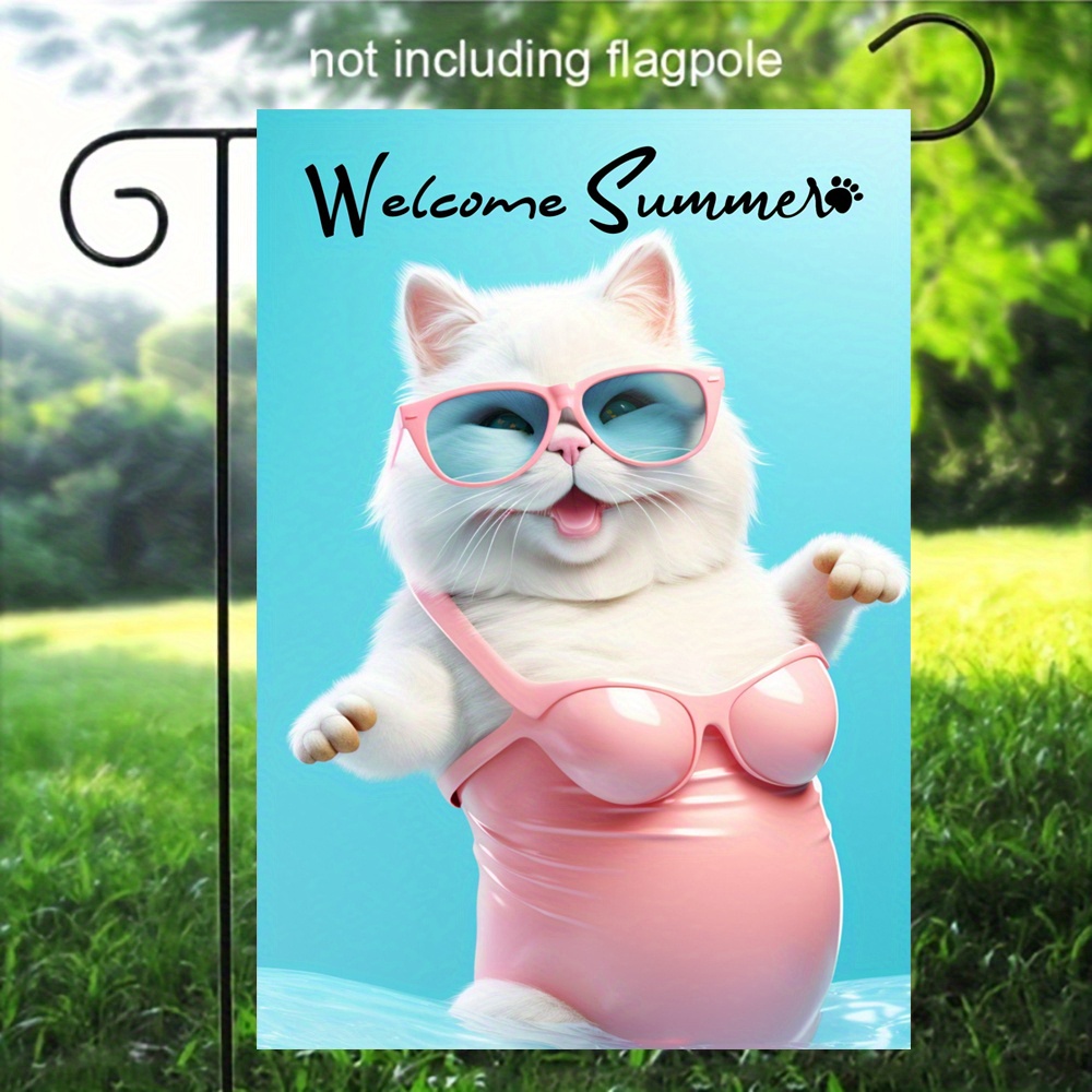 

Welcome Summer Cute Cat In Swimsuit Double-sided Garden Flag - Polyester, Multi-purpose Outdoor Decor For Home, Yard, Beach House - No Flagpole Needed, 12x18in, 1pc