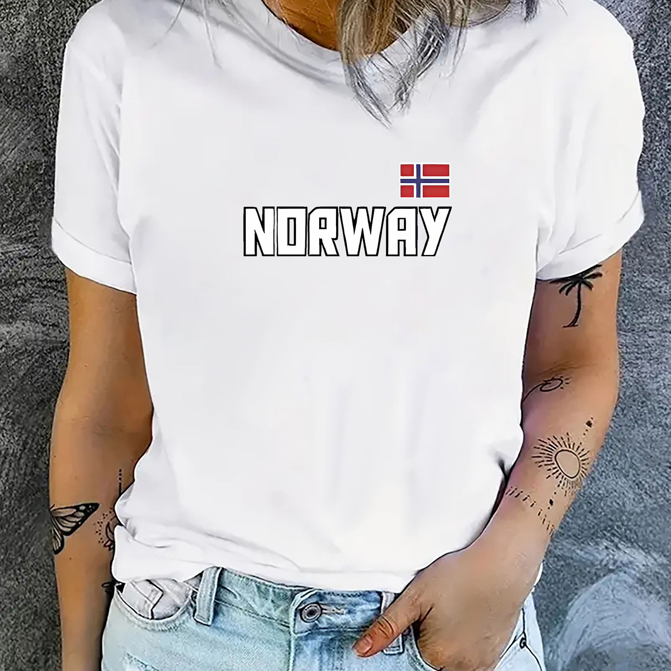 

Women's Casual Sporty T-shirt With Norway Flag, Fashion Top, Short Sleeve, Crew Neck, Summer Tee