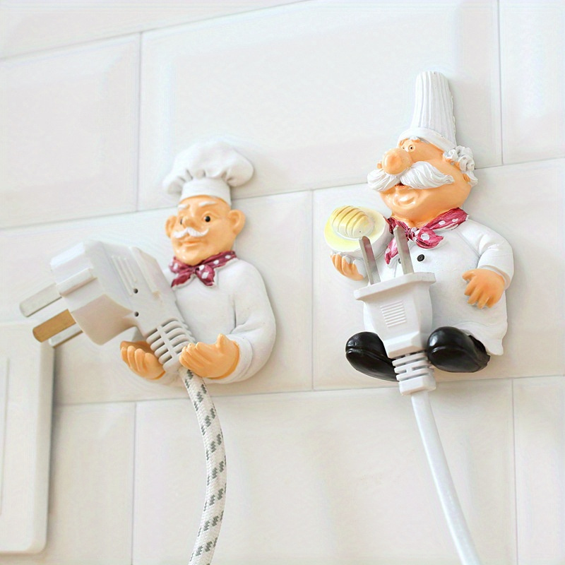 

2-piece Chef-themed Adhesive Plug Hooks - Strong Cord Organizer For Kitchen & Bathroom, No Power Needed
