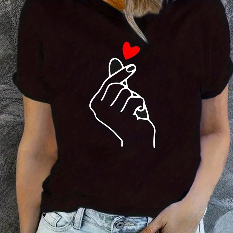 

Hand & Heart Print Crew Neck T-shirt, Casual Short Sleeve Top For Spring & Summer, Women's Clothing