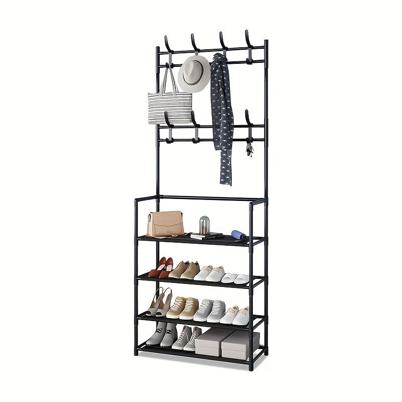 

Free Standing Metal Shoe Rack With Coat Hooks - Vertical Hanging Rack For Hats, Coats, Storage Organizer For Living Room, Bedroom, Bathroom, Office, Entryway - Space Saving Home And Dorm Essential
