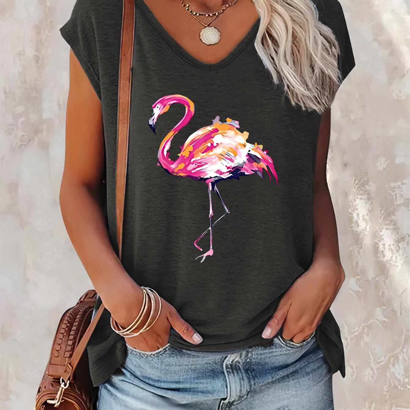 

Flamingo Print Cap Sleeve Top, Casual Top For Summer & Spring, Women's Clothing