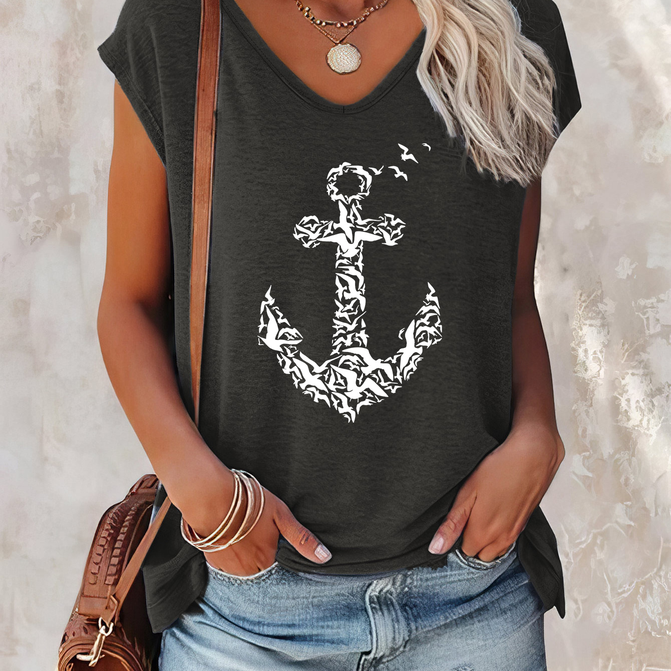 

Anchor Print Cap Sleeve Top, Casual Top For Summer & Spring, Women's Clothing