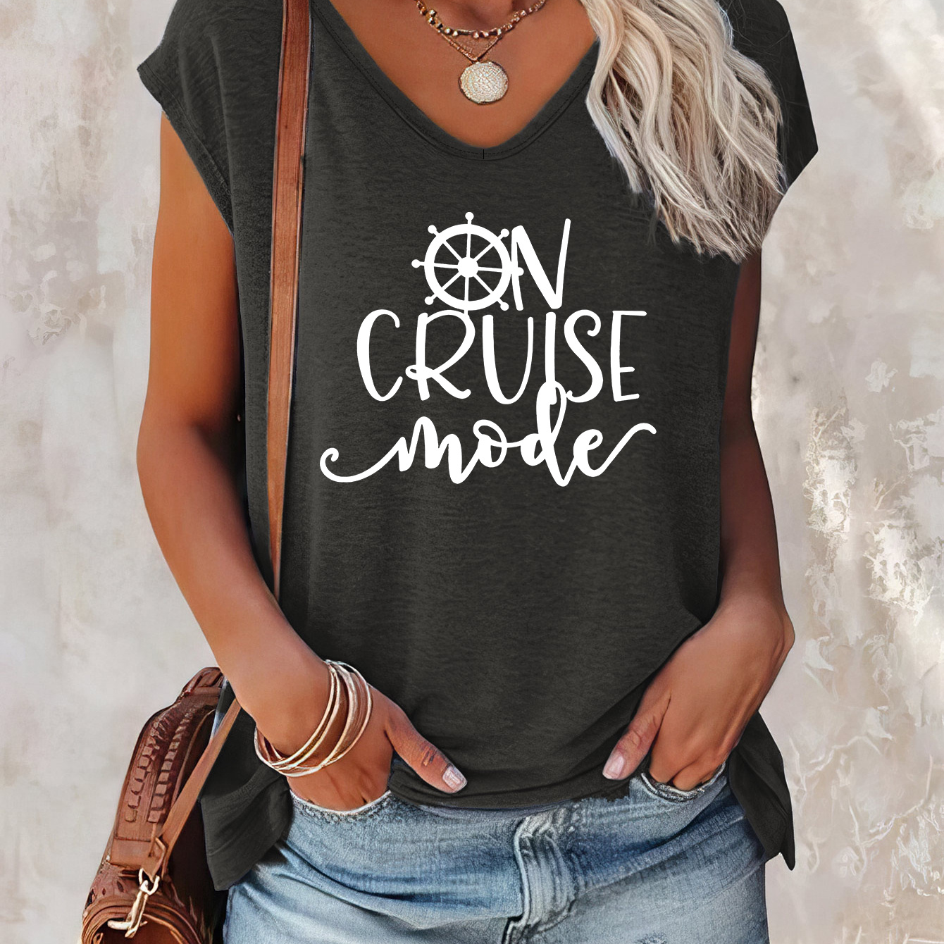 

Cruise Print Cap Sleeve Top, Casual Top For Summer & Spring, Women's Clothing