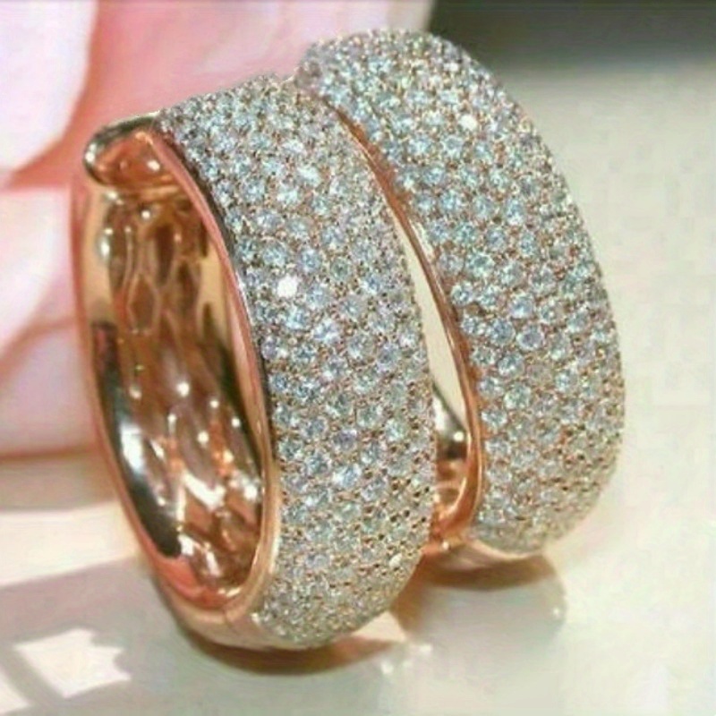 Image of Round Cut Cluster Hoop Earrings, Micro Pave Design Huggie Hoop Wedding Earrings, Rose Golden Earrings