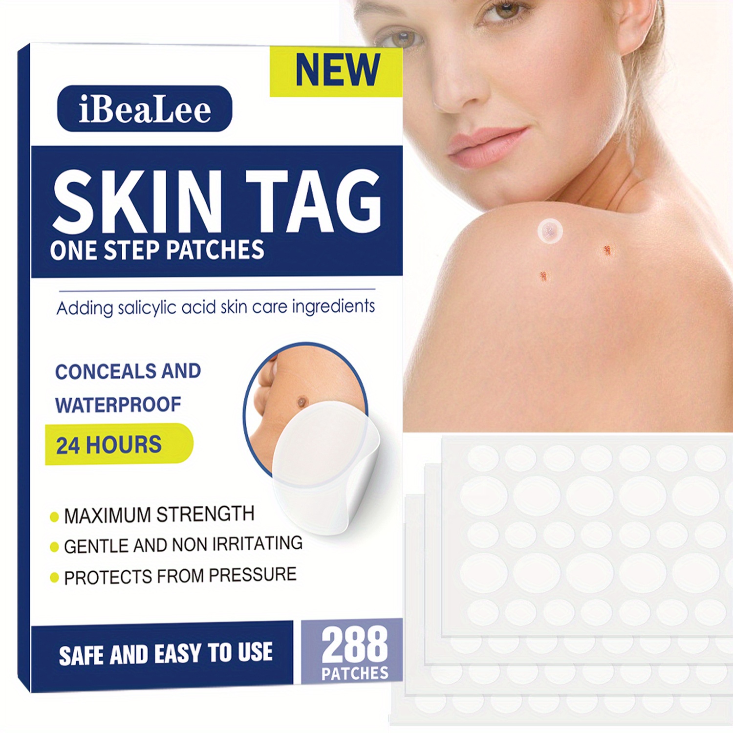 

Ibealee Skin Tag Remover Patches, 288 Count - Unisex Adult, Formaldehyde-free, All Skin Types - Salicylic Acid Infused, Maximum Strength, Waterproof - Hassle-free, Non-irritating Blemish Cover-up
