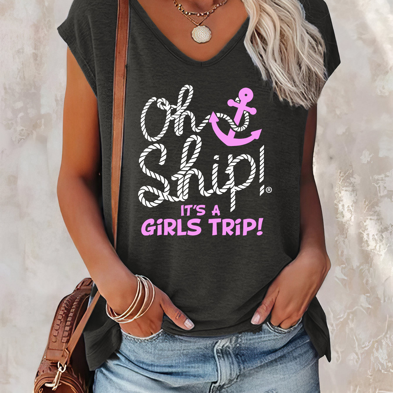 

Ship Print Cap Sleeve Top, Casual Top For Summer & Spring, Women's Clothing