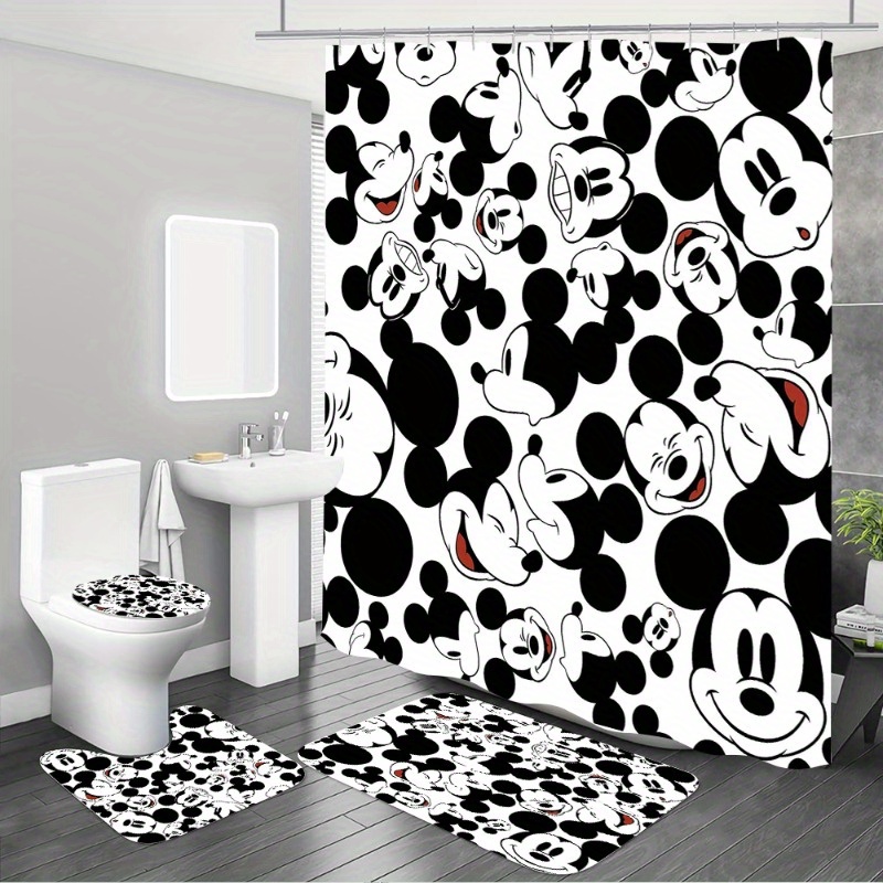 

1/4pcs Mickey And Shower Curtain Set - 12 Hooks Waterproof Shower Curtain And Anti-slip Mat, Toilet Seat Cover And U-shaped Cushion - A Complete Bathroom Accessory Kit For Modern Decoration