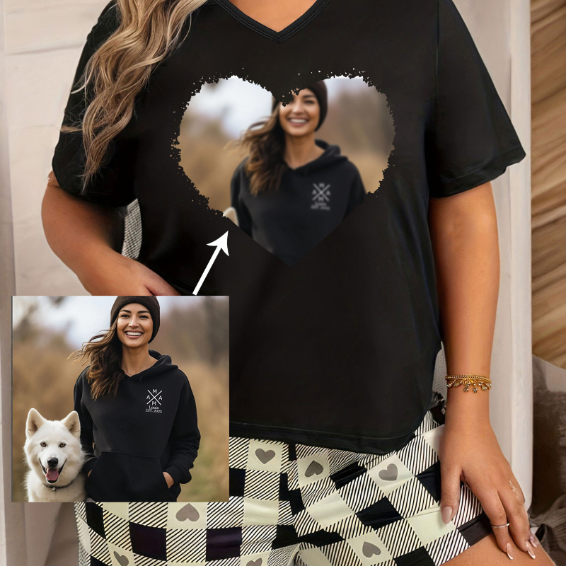 

Women's Custom Photo Print V-neck Plus Size Lounge T-shirt, Casual Style, Short Sleeve, Soft Fabric, Personalized Design Tops