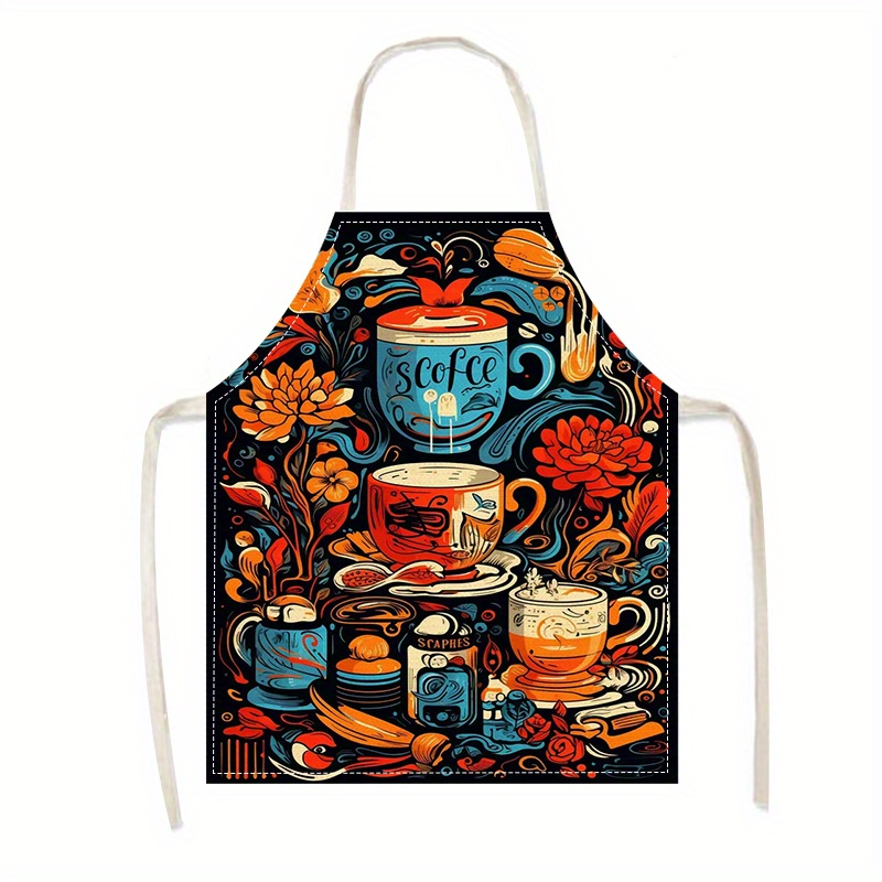 

Colorful Printed Coffee Theme Linen Apron - 100% Woven Linen Material, Fashionable Kitchen Apron For Cooking, Parties, And Home Use - Oil And Stain Resistant, 1 Size Fits All (1pc)