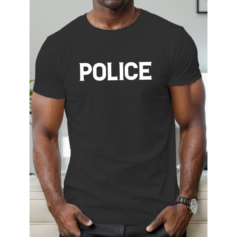 

Police Print, Men's Fashion Street Style T-shirt, Short Sleeve Crew Neck Tees Casual Comfy Breathable Top For Spring Summer Holiday Leisure Vacation Men's Clothing As Gift