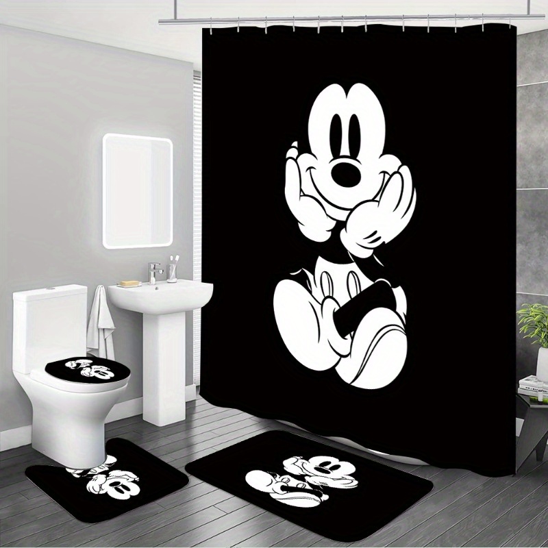 

1/4pcs Mickey And Shower Curtain Set - 12 Hooks Waterproof Shower Curtain And Anti-slip Mat, Toilet Seat Cover And U-shaped Cushion - A Complete Bathroom Accessory Kit For Modern Decoration