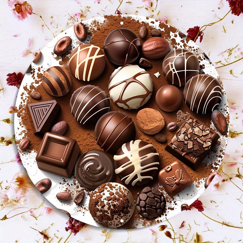 TEMU 2d Flat - 【2d Flat】 1pc 2d Flat Print Metal Iron Sign 1pc Round Metal Sign With Chocolate Image, 20.32x20.32 Cm And Weather Resistant Wall Decor