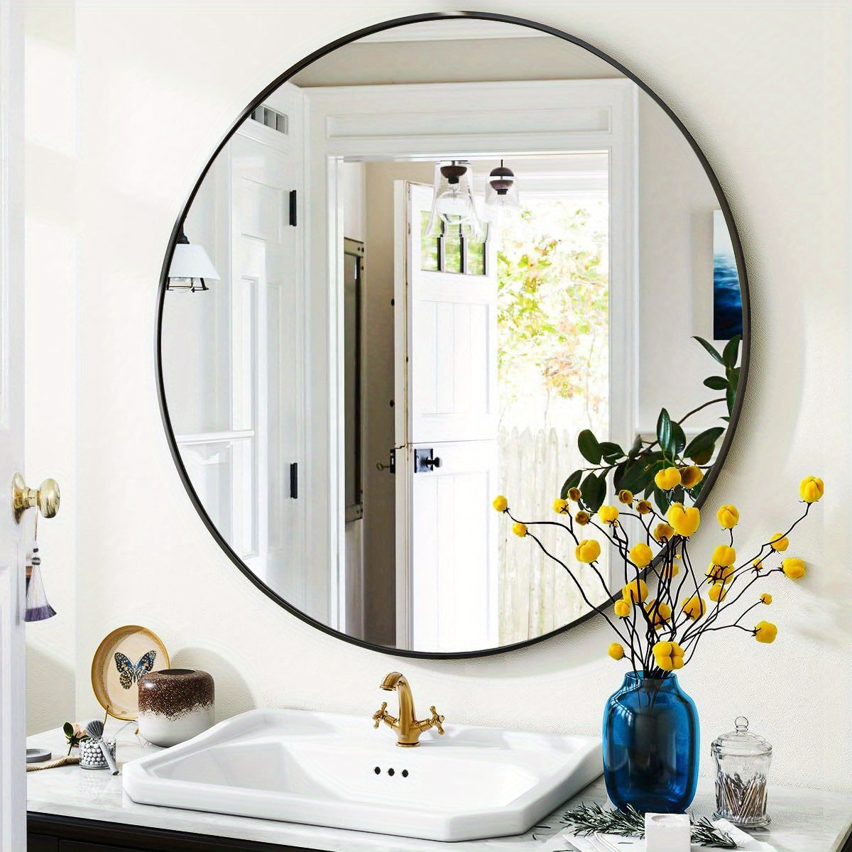 

Black Round Bathroom Mirror Circle Mirror, Round Wall Mirror With Simple Metal Frame, Modern Round Hanging Mirror For Bathroom, Hallway, Livng Room