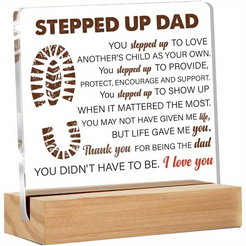 

Acrylic Stepped Up Dad Desk Sign - Stepfather Gift From Stepchildren For Birthday, Christmas, Father's Day - Clear 4x4 Inch Home Decor Without Electricity