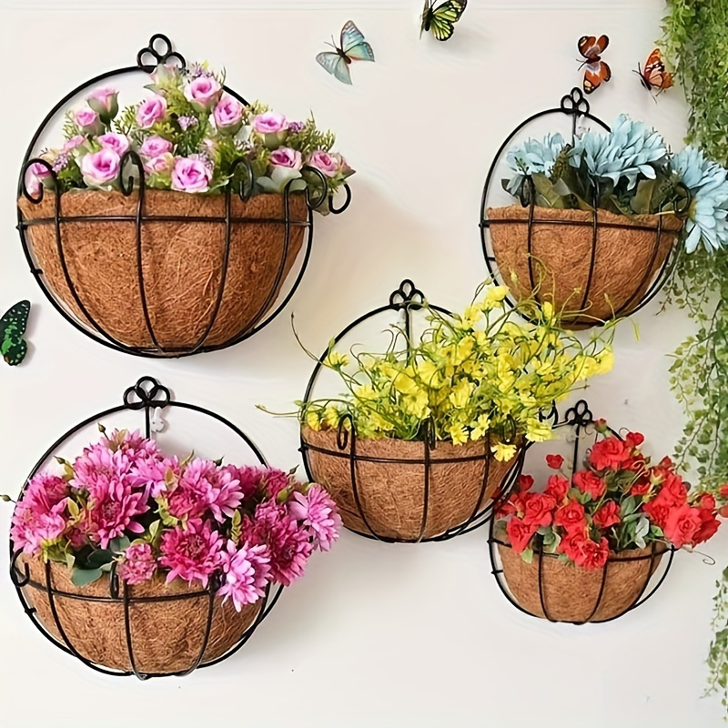 

10 Inch Metal Hanging Planters With Coconut Liners - Oval Wall Planter Baskets For Indoor And Outdoor Flower Garden Display, Includes Plant Stand - Set Of 1/2/3/4