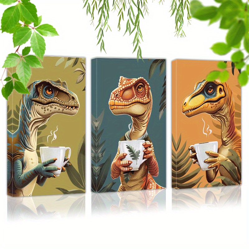 

Framed Set Of 3 Canvas Wall Art Ready To Hang Dinosaurs Holding Coffee Cups (3) Gift, Wall Art Prints Poster Wall Picrtures Decor For Home