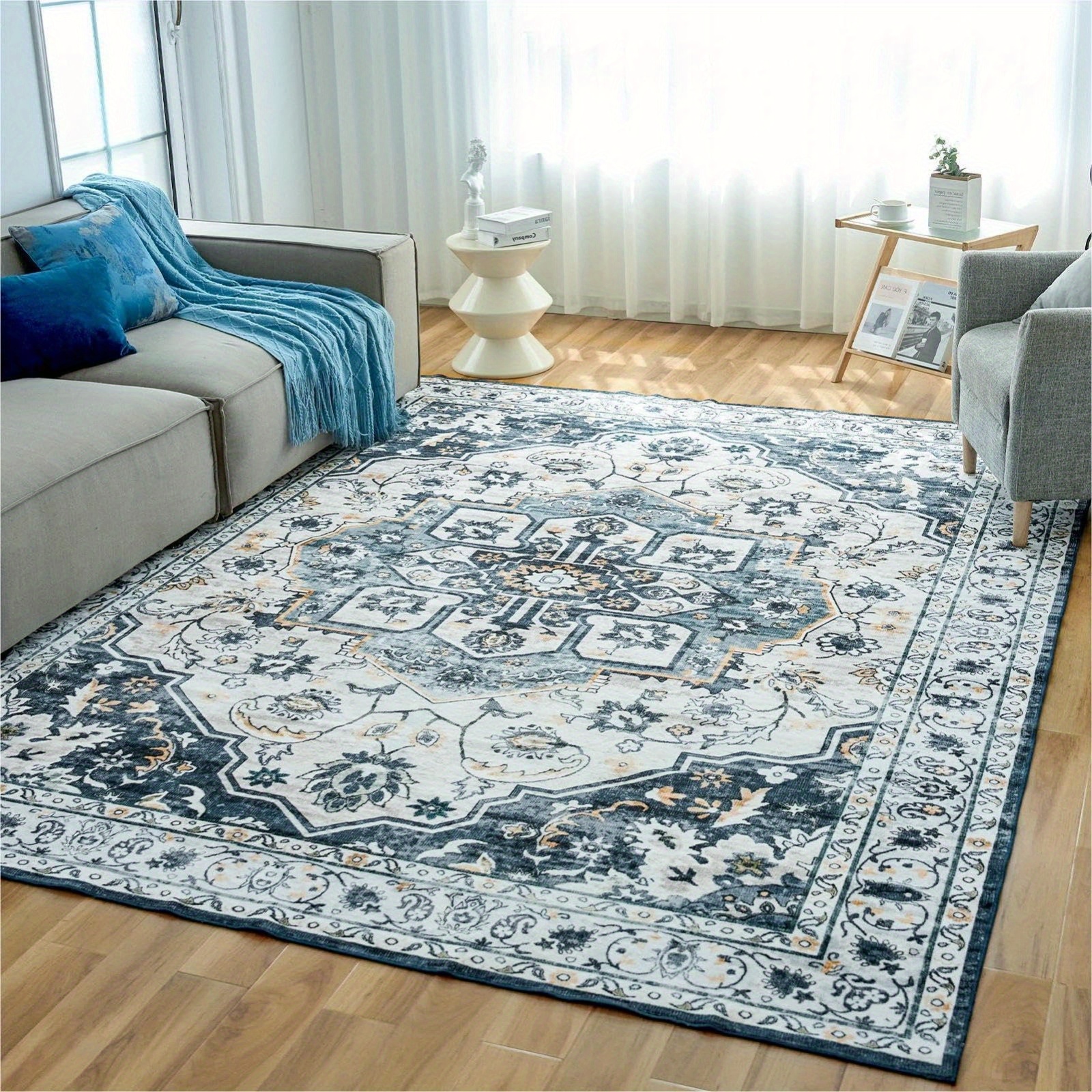

Washable Rug Vintage Medallion Area Rug With Non-slip Backing, Non-shedding Floor Mat For Living Room Bedroom Kitchen Laundry Home Office, Blue