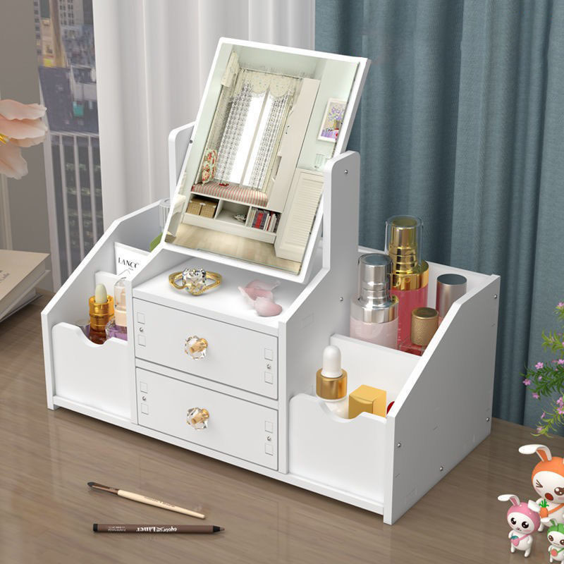 

Plastic Countertop Makeup Organizer With Drawer, Jewelry Storage Box, Dust-proof Desktop Vanity Mirror, Skincare Product Holder With Additional Features - No Electricity Required