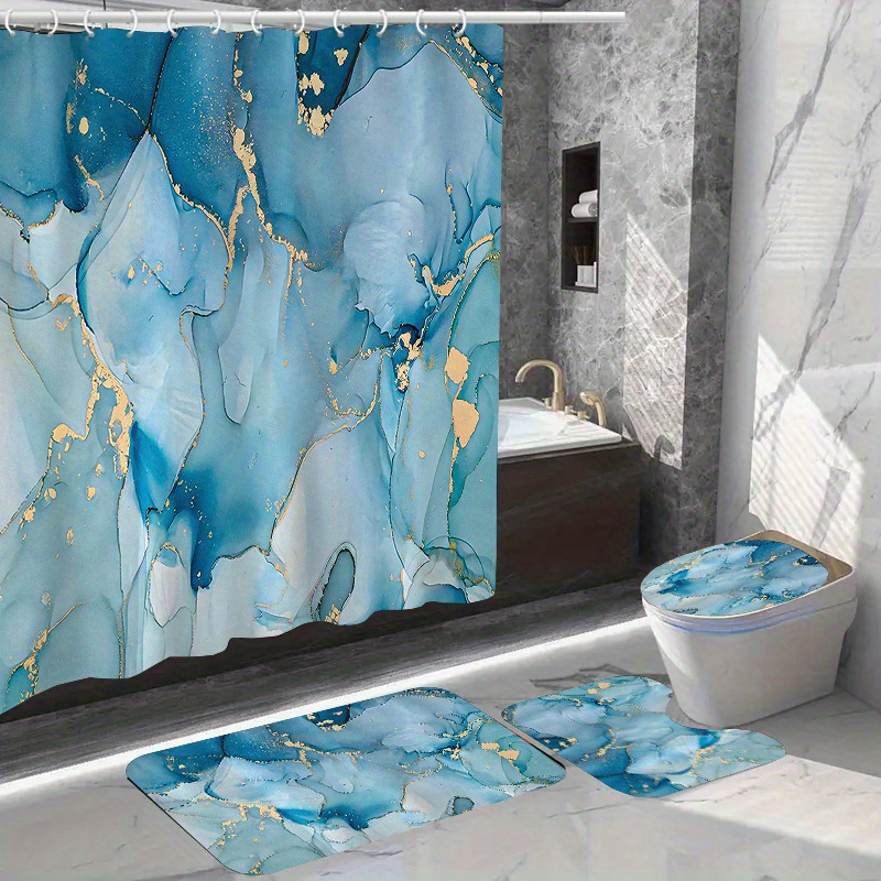 

1/4pcs Marble Pattern Bathroom Set, Waterproof Shower Curtain (70.87x70.87 Inches) With 12 Hooks, Non-slip Toilet Seat Cover, Bath Mat, And Rug, Polyester Fabric, Washable, Blue And