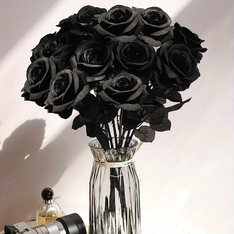 

10pcs Artificial Black Roses, Fake Flower With Long Stem, Plastic Material, No Battery Required, For Home Wedding Party Halloween Outdoor Gothic Goth Decor