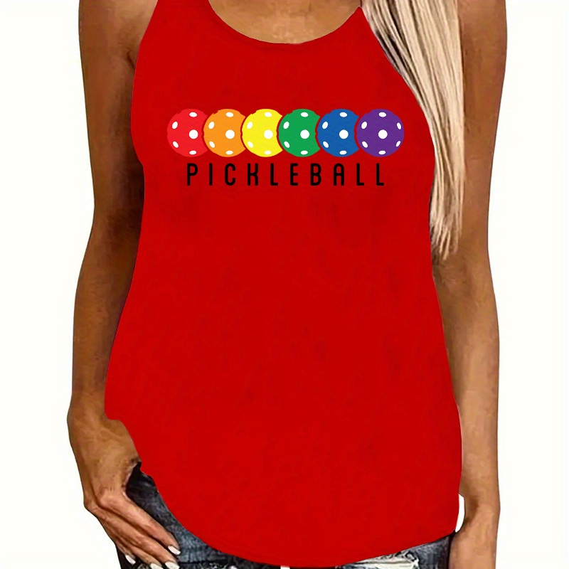 

Pickleball Print Casual Vest Top, Round Neck Sleeveless Racer Back Sports Vest T-shirt, Women's Comfy Tops