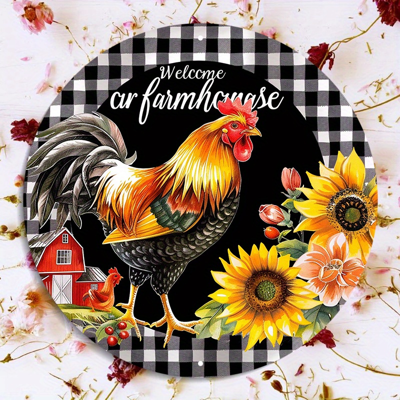 

Welcome To Our Farmhouse Rooster Metal Wreath Sign - 8x8 Inch Round Aluminum Door Hanger With Pre-drilled Holes, Waterproof And Weather Resistant Hd Printed Decor