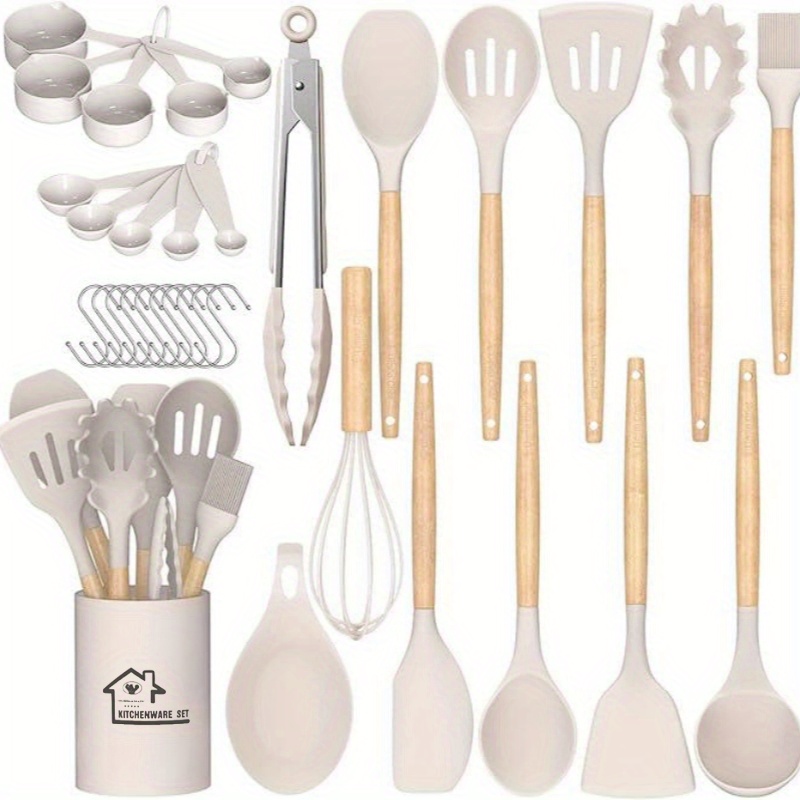 

Kitchen Silicone Cooking Utensils, 33pcs Kitchen Utensil Set, Easy To Clean Wooden Kitchen Utensils, Cooking Utensils For Nonstick Cookware, Kitchen Gadgets And Spatula Set