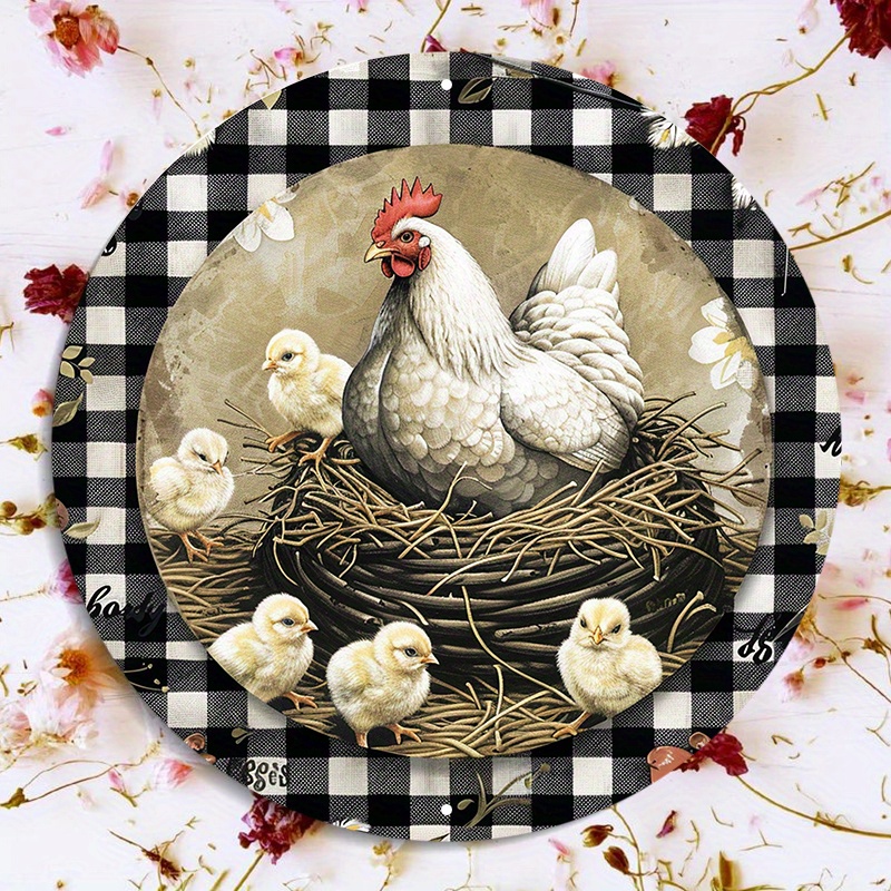 

1pc Hen And Chicks Round Aluminum Metal Sign - Waterproof Farmhouse Wreath Attachment With Hd Printing - 8x8inch Lightweight Door Hanger For Wall Decor