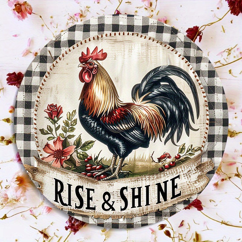 

Rise And Shine Rooster Aluminum Metal Sign - 8x8 Inch Round Weather-resistant Wall Decor For Home And Wreath Attachment - Lightweight Animal Sign With Hd Printing