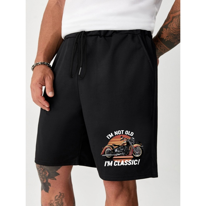 

Men's Casual Shorts With Elastic Waist Drawstring, "i'm Not Old I'm Classic" Motorcycle Print, Mid-length Sports Beachwear