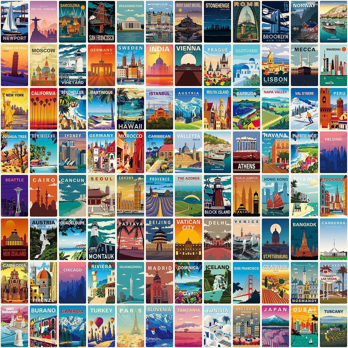 

Vintage Travel Posters Stickers Pack, 108 Pieces, Retro Landscape Magazine Style, Decorative Paper Labels For Journaling, Scrapbooking, And Crafting