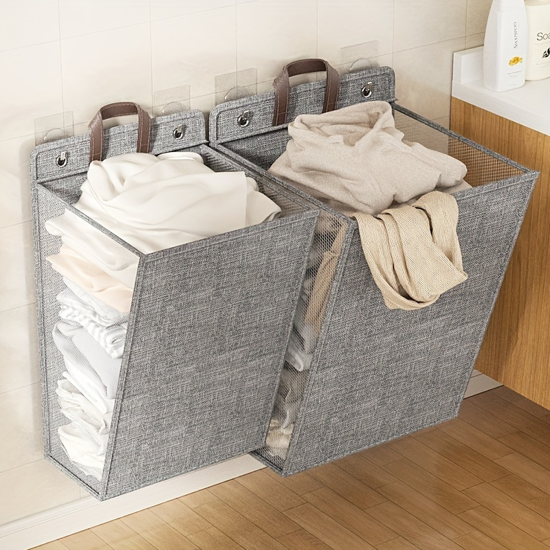 fabric wall hanging laundry basket set casual elongated shape multi component folding dirty clothes storage hamper for bathroom bedroom living room   essentials details 1