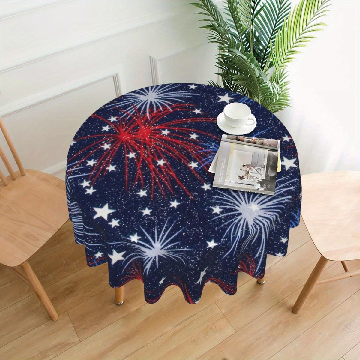 

American Independence Day Round Tablecloth - Machine Made Woven Polyester Cover With Fireworks And Stars Design For 4th Of July Kitchen And Dining Room Decor - Durable, Stain-resistant And Washable