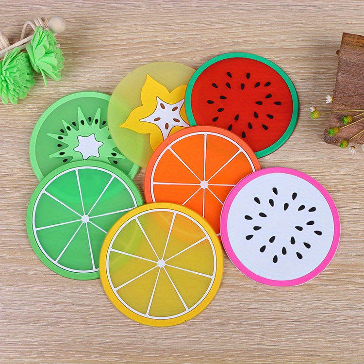 cartoon fruit coaster set silicone heat insulation anti slip practical tea cup and bowl pad small plate pad for home and office use no electricity required plastic material non wooden details 0