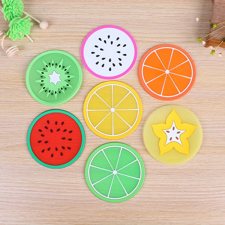 cartoon fruit coaster set silicone heat insulation anti slip practical tea cup and bowl pad small plate pad for home and office use no electricity required plastic material non wooden details 1