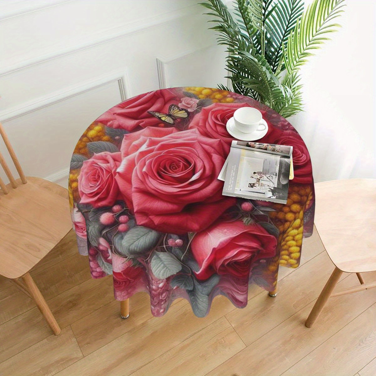 

Round Polyester Tablecloth With Rose And Butterfly Print, Machine Woven, Stain-resistant And Washable, Perfect For Kitchen, Dining, Wedding, Party, And Home Decor - .