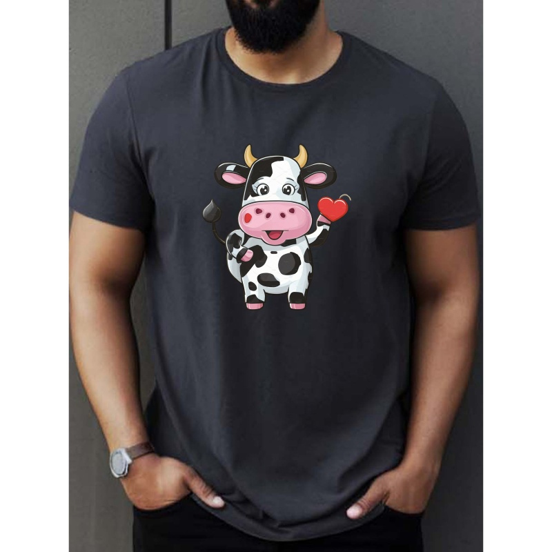 

Cartoon Cow Trendy Print Casual Short-sleeved T-shirt For Men, Spring And Summer Top, Comfortable Round Neck Tee, Regular Fit, Versatile Fashion For Everyday Wear