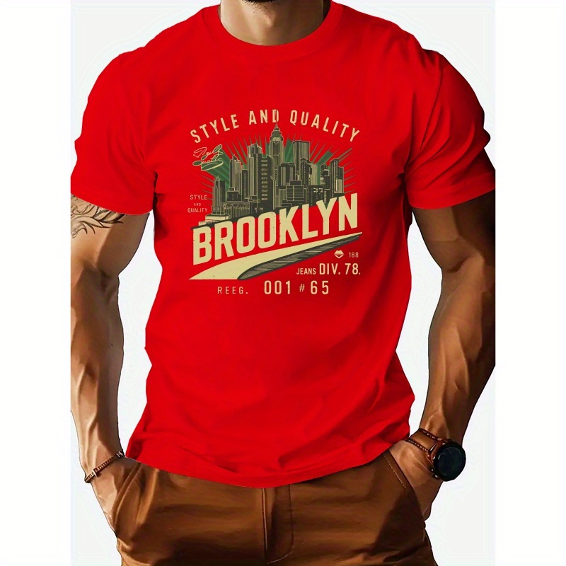 

Men's Cotton Short Sleeved T-shirt With City Building Pattern And Letter Brooklyn Print, American Fashion Round Neck Casual T-shirt For Men In Spring And Summer