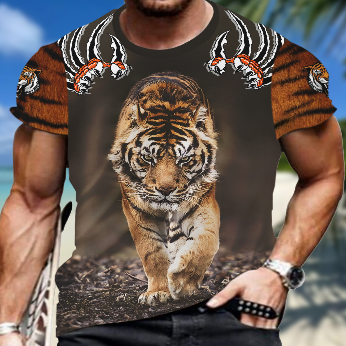 

Men's Tiger Graphic Print T-shirt, Short Sleeve Crew Neck Tee, Men's Clothing For Summer Outdoor