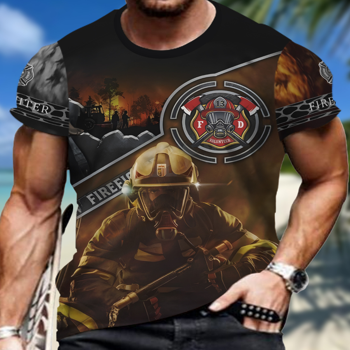 

Men's Fireman Graphic Print T-shirt, Short Sleeve Crew Neck Tee, Men's Clothing For Summer Outdoor