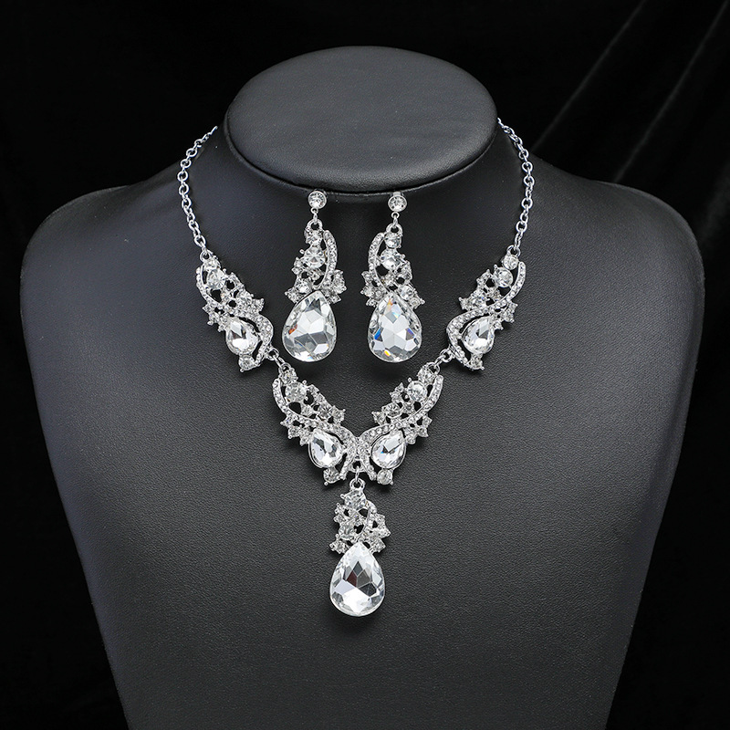 3pcs Gem Necklace Earrings Set Vintage Charm String Bride Wedding Banquet Jewelry details 0