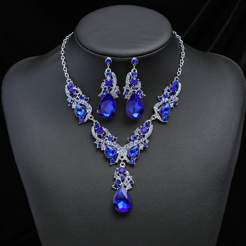 3pcs Gem Necklace Earrings Set Vintage Charm String Bride Wedding Banquet Jewelry details 2