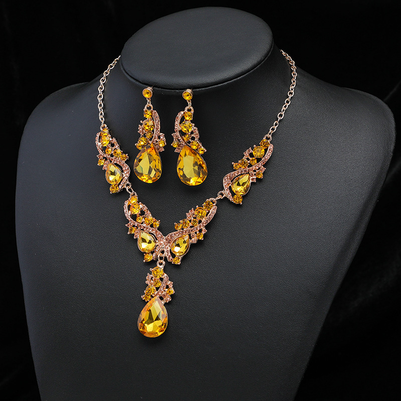 3pcs Gem Necklace Earrings Set Vintage Charm String Bride Wedding Banquet Jewelry details 4