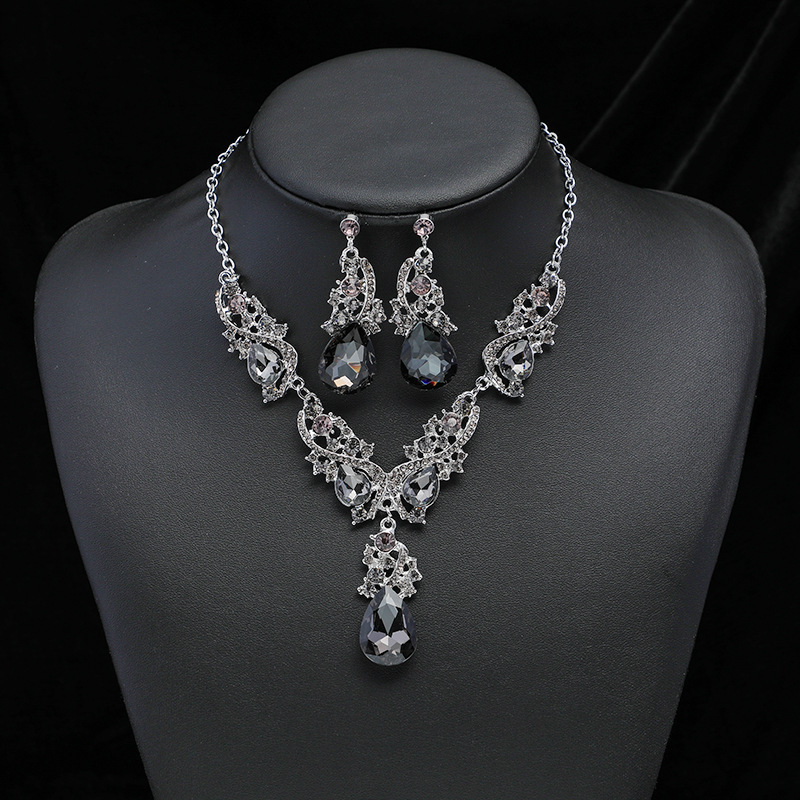 3pcs Gem Necklace Earrings Set Vintage Charm String Bride Wedding Banquet Jewelry details 5