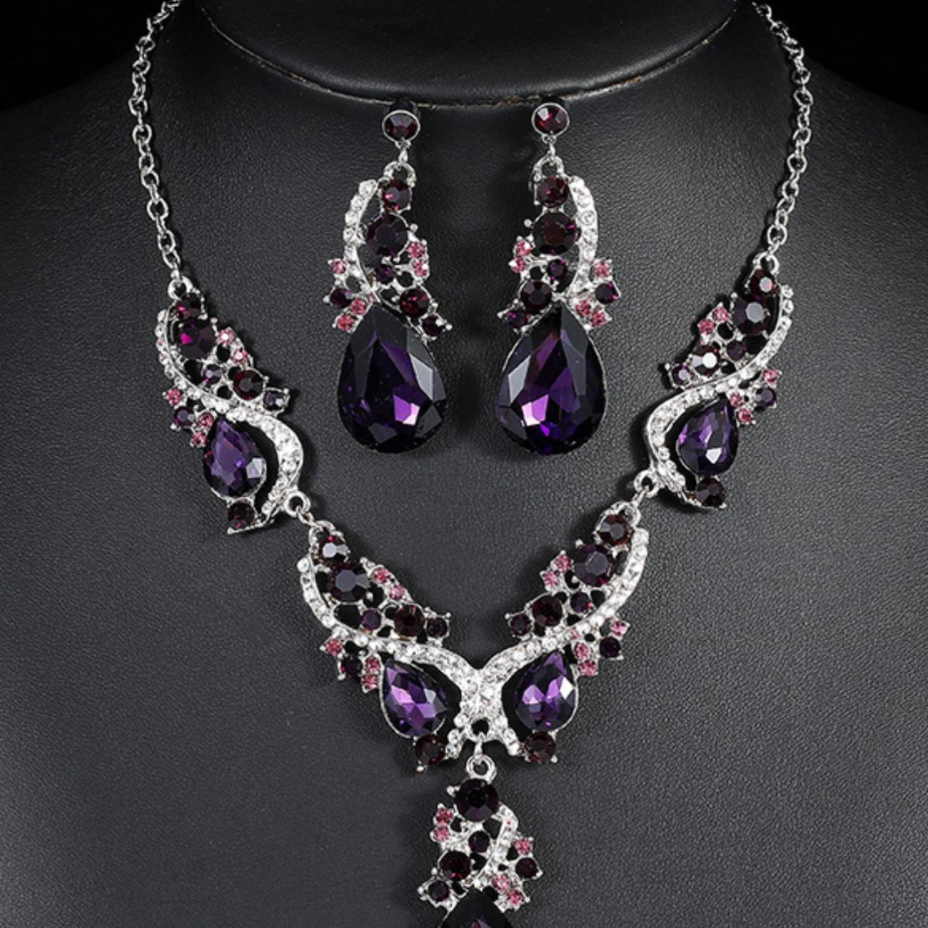 3pcs Gem Necklace Earrings Set Vintage Charm String Bride Wedding Banquet Jewelry details 6