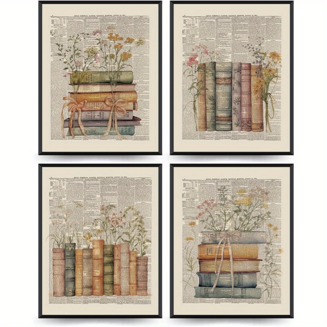 

4-piece Set Of Frameless Vintage Book-themed Posters, 8x10 Inches - Perfect For Library, Book Club, And Reading Room Decor
