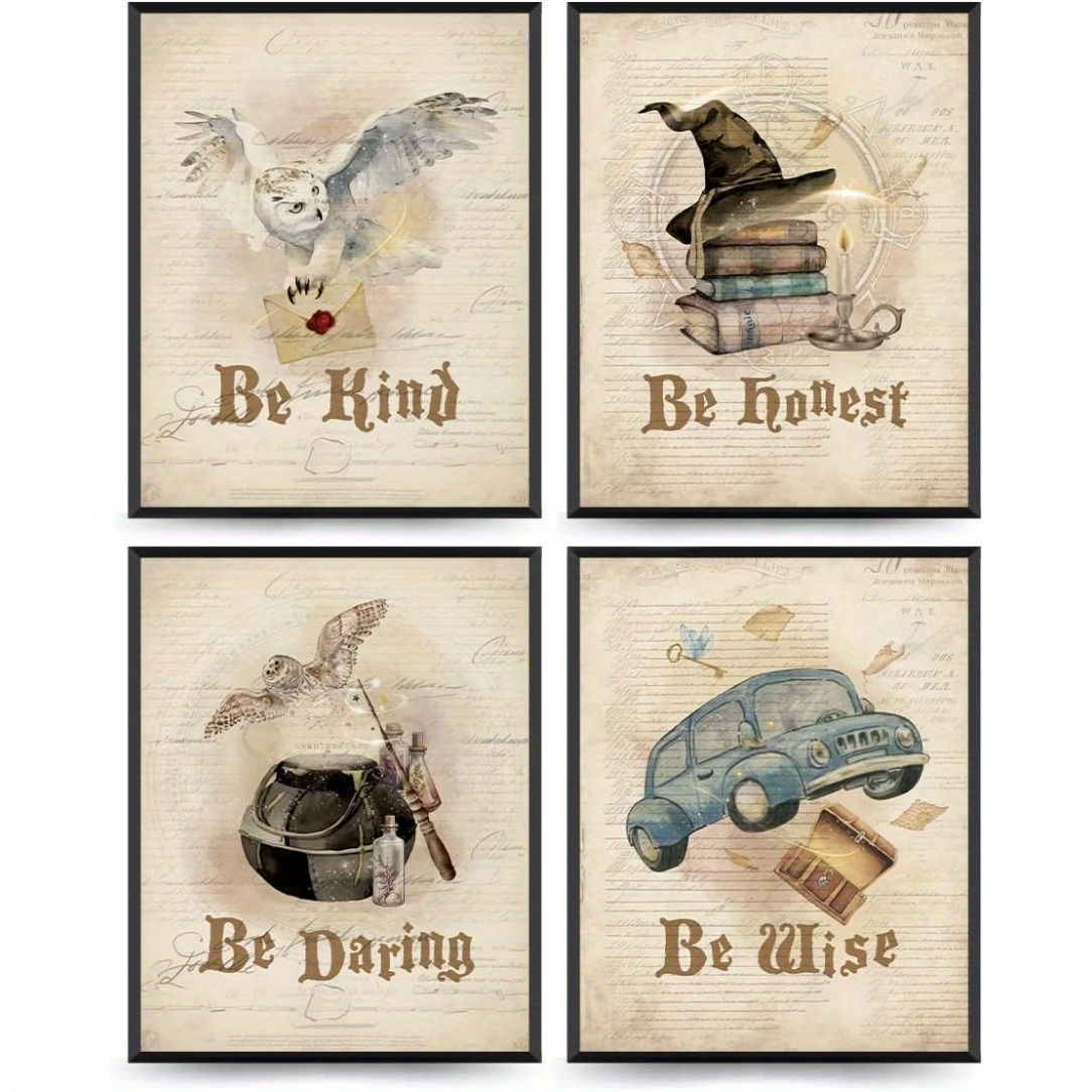 

4pcs Vintage Owl & Magic Themed Positive Affirmation Wall Posters - Frameless 8x10inch Inspirational Educational Charts For Home & Classroom Decor