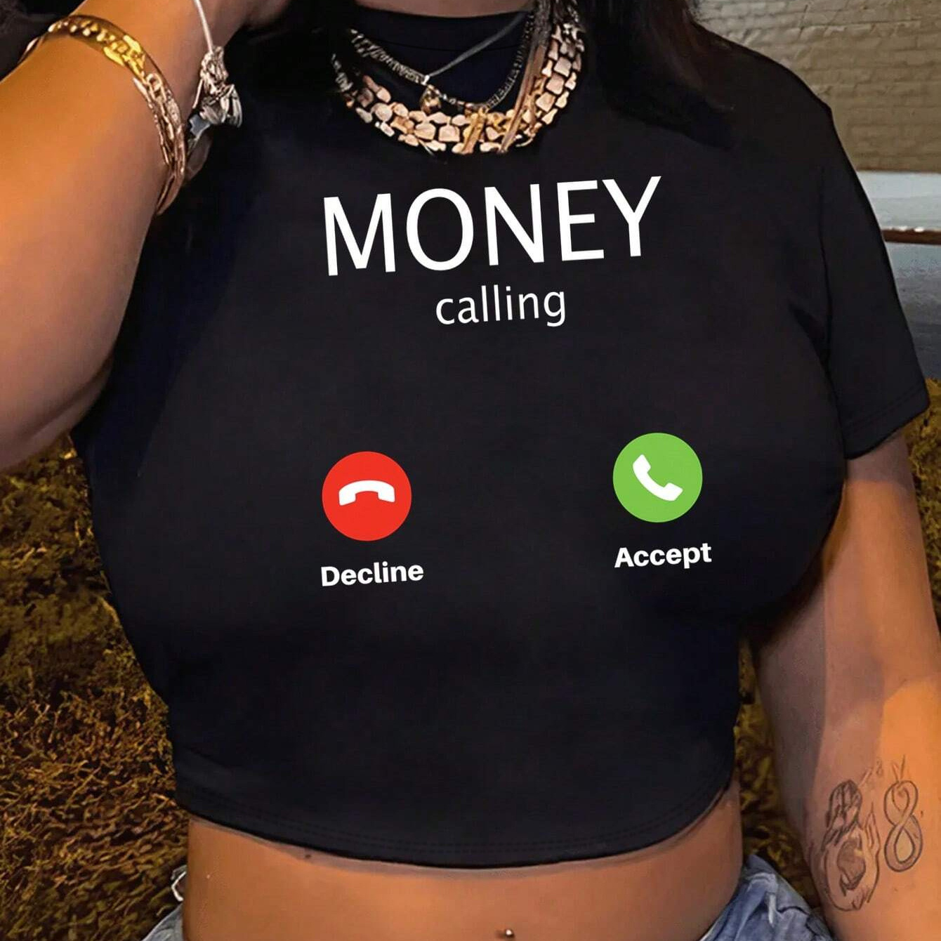 

Money Calling Print Crop T-shirt, Casual Crew Neck Short Sleeve Top For Spring & Summer, Women's Clothing